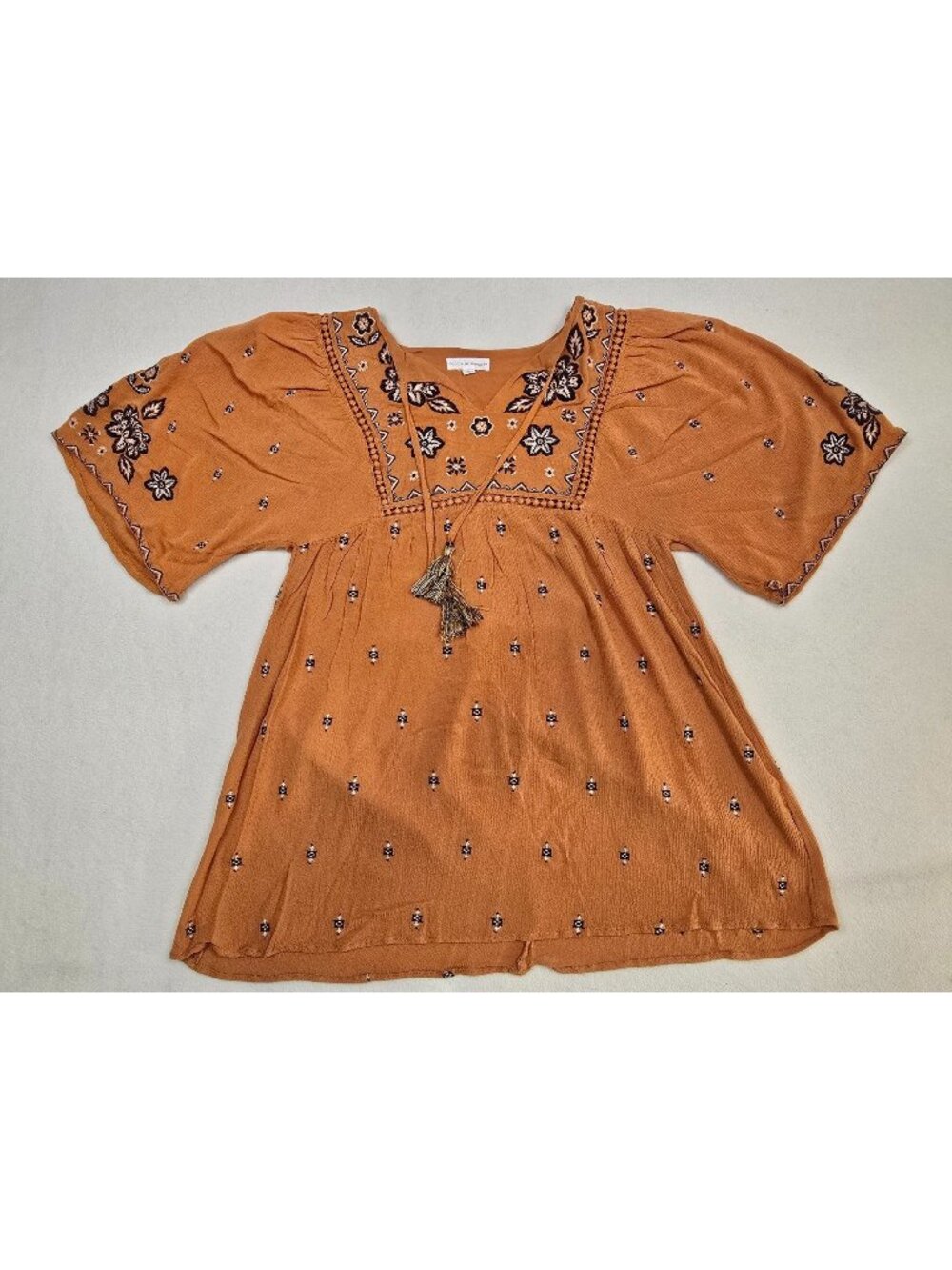 Coco + Jaimeson Medium Light Rust Orange Embroidered Boho Tunic Peasant Top